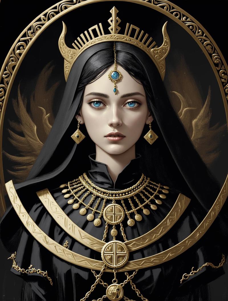 00060-2073147097-a digital painting of a woman with birds on her head, symmetrical epic fantasy art, portrait of a holy necromancer, gold black,.jpg